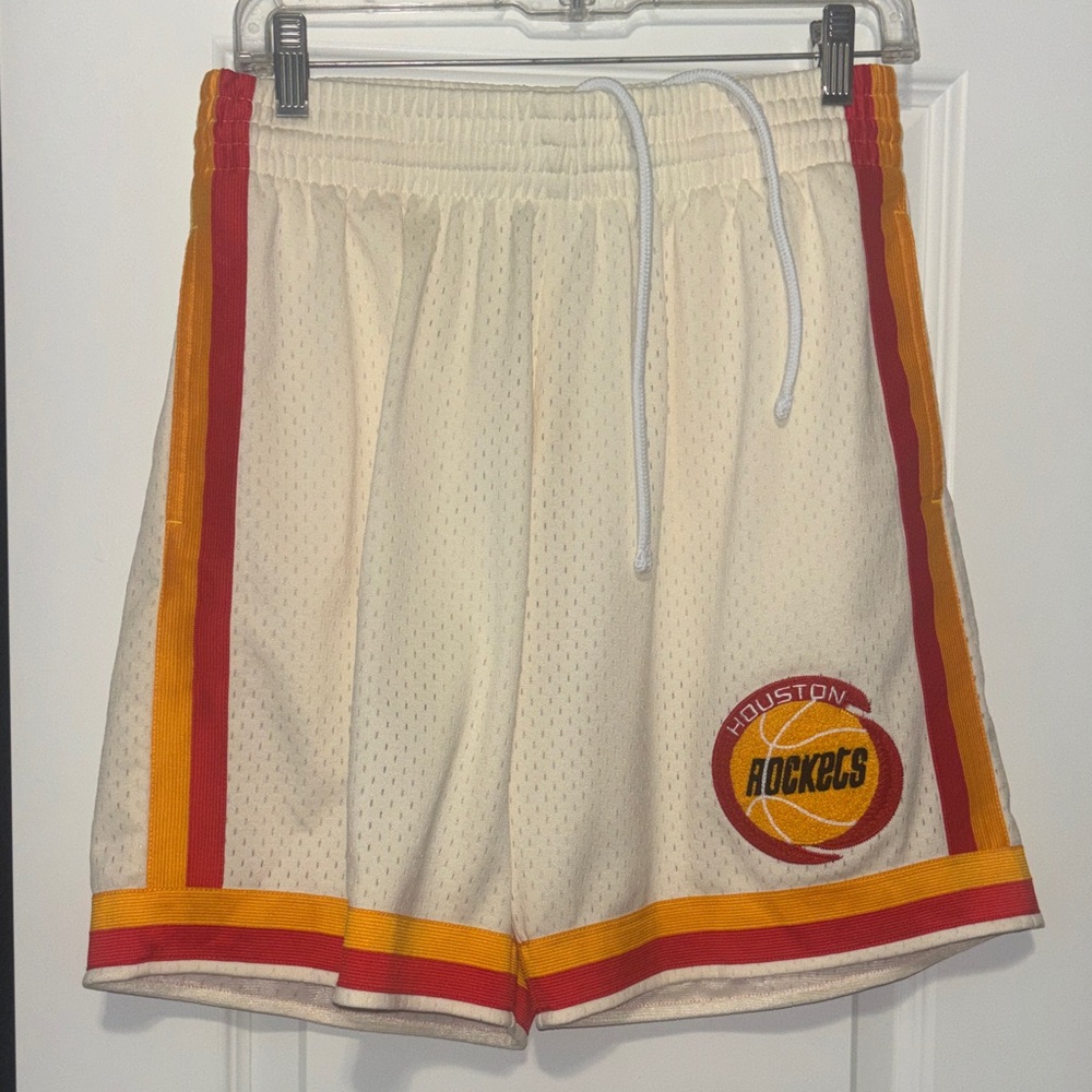 Cream Athletic Shorts with Red & Gold Stripe